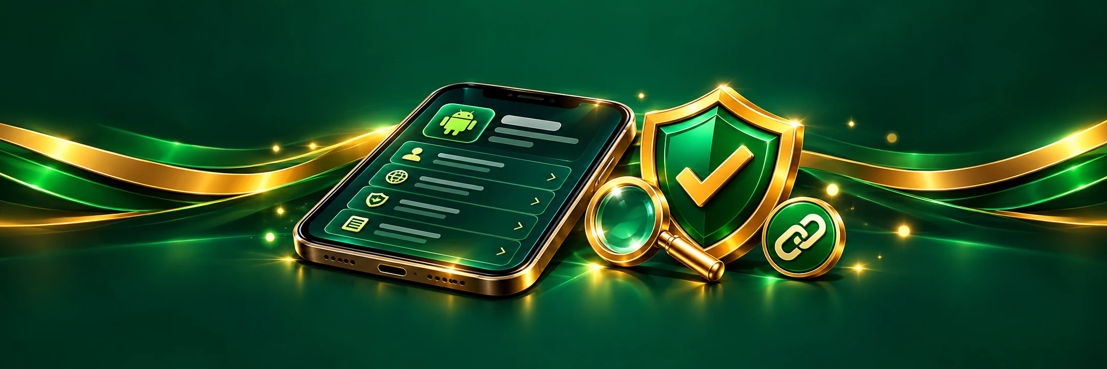 Yono Games APK safety illustration showing an Android app details screen with publisher, download source and permissions checks alongside a magnifying glass and shield